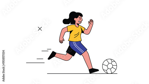 Young girl in a yellow and blue sports jersey runs quickly while dribbling a soccer ball across a white field during a game.