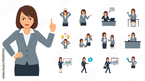 Detailed collage shows a professional businesswoman in various poses and expressions illustrating different aspects of daily office life.