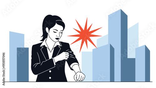 Determined businesswoman in a professional suit rolls up her sleeves while standing against a blue city skyline background with a starburst.