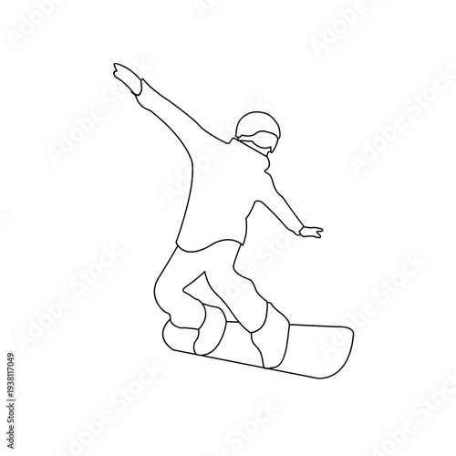 Line art illustration of a snowboarder performing a jump in mid-air