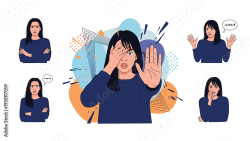 Collection of female character icons showing various emotions such as anger, shock, fear, and a strong stopping gesture.