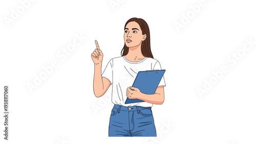 Young woman in a white t-shirt and blue jeans holds a blue clipboard while pointing her finger up as if making a point or giving advice.