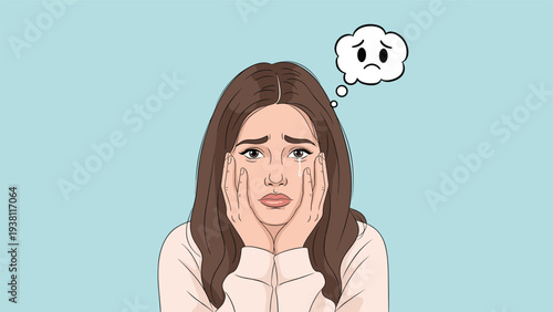 Depressed young woman crying with tears on her face and holding her head in grief against a light blue background wall.