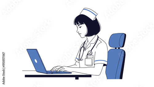 Dedicated female nurse sitting at a desk and working on a laptop computer in a clean professional medical environment.