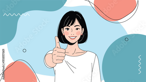 Happy young woman with short dark hair gives a confident thumbs up gesture while smiling against a colorful abstract geometric background.