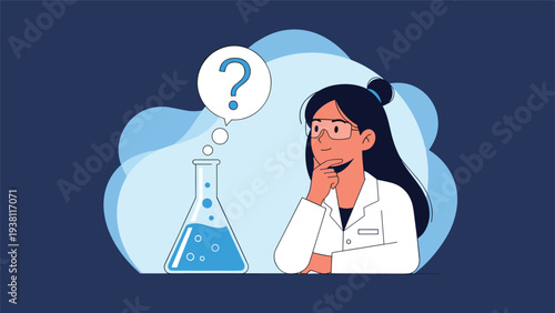 Pensive female scientist in a lab coat looking at a chemical beaker with a question mark icon in a thought bubble.