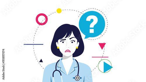 Worried female doctor in a blue uniform looks confused and concerned while surrounded by various geometric shapes and a question mark.