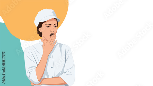 Tired female worker in a white uniform and cap yawns while covering her mouth with her hand during a long and exhausting work shift.