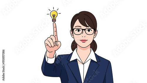 Smart businesswoman in a blue suit pointing to a glowing lightbulb idea above her head on a plain white background.