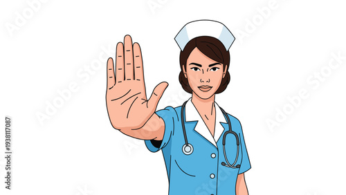 Serious female nurse wearing a blue uniform and cap making a stop hand gesture to signal a warning or a prohibition.