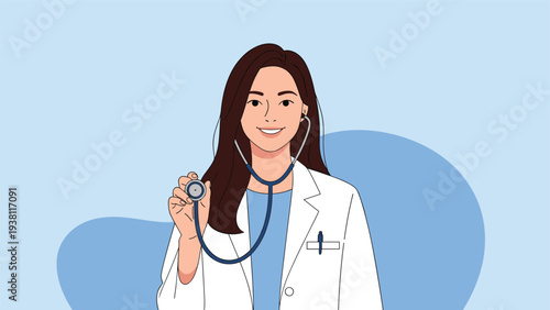 Smiling female doctor in a white lab coat holding a stethoscope and ready for a professional medical examination on blue.