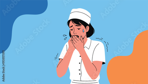 Sick female nurse in a white uniform coughing into her hands and feeling unwell against a colorful abstract background.