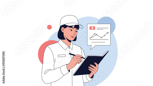Female worker in white uniform and cap taking notes in a journal while analyzing growth charts on a blue background.