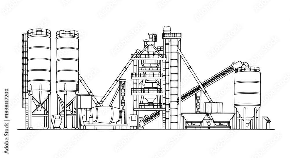 Fototapeta premium Hand-drawn concrete batching plant vector illustration for construction and industrial use