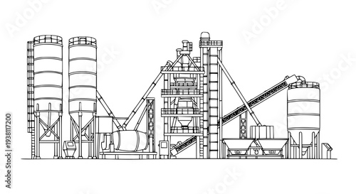 Hand-drawn concrete batching plant vector illustration for construction and industrial use