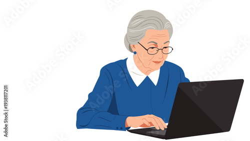 Senior woman with white hair and glasses using a laptop computer for work or communication against a white background.