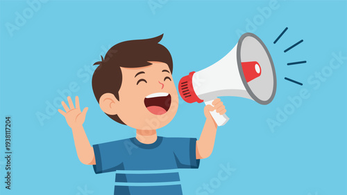Happy young boy in a blue shirt shouting into a megaphone to make an announcement or express his joy to everyone.