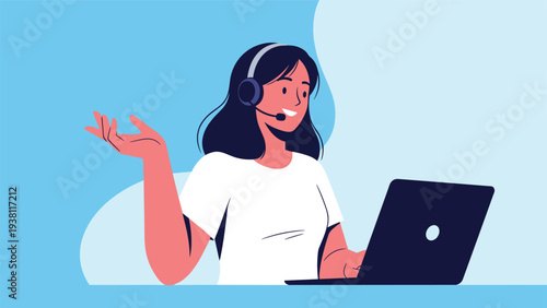 Friendly female call center representative wearing a headset and working on her laptop against a light blue background.