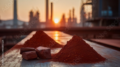 Raw bauxite ore, a primary source of aluminum. Pile of crushed powder and reddish-brown rock fragments with blurred industrial background.  Bauxite ore, rich in aluminum oxides and iron oxide, granite