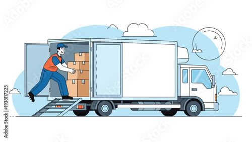 Logistics scene featuring a delivery worker loading boxes into a large white truck with a city background under a bright sun.