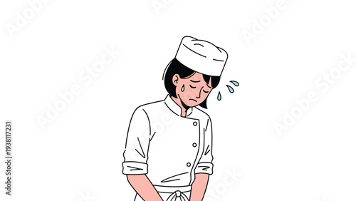 Woman chef in white uniform looks exhausted and stressed while sweating profusely during a busy shift in a professional kitchen.