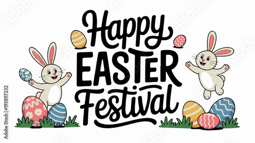 Easter festival greeting with happy bunnies and colorful eggs on grass