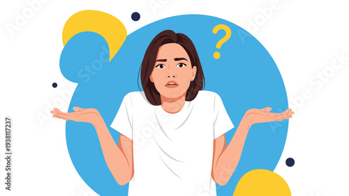 Confused woman in a white t-shirt shrugging her shoulders with open palms and a question mark icon illustrating uncertainty or doubt.