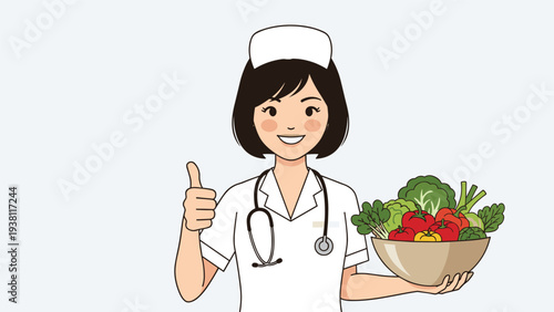 Friendly nurse wearing a white uniform holds a bowl of fresh vegetables while giving a thumbs up to promote healthy eating habits.