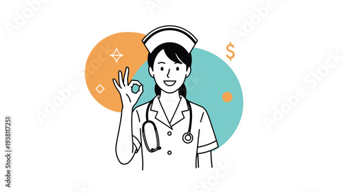 Smiling nurse in a white uniform with a stethoscope giving an okay hand sign representing health and success.