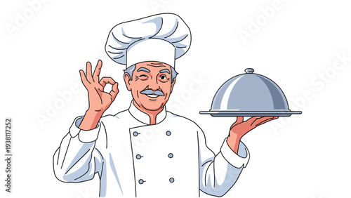 Smiling professional chef in a white uniform and hat winking while giving an okay sign and holding a serving tray.