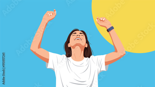 Happy young woman in a white t-shirt raising her arms towards the blue sky in front of a bright yellow sun.