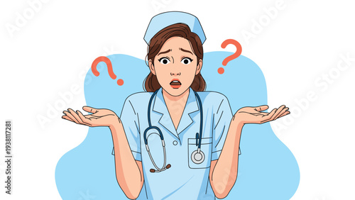 Confused female nurse in a blue uniform with a stethoscope looking at red question marks with a puzzled expression.