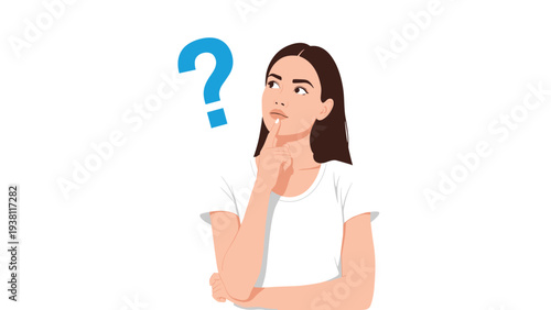 Thoughtful young woman in a white t-shirt places a finger on her chin while looking up at a large blue question mark icon in confusion.