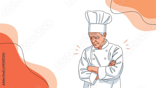 Experienced older chef wearing a white toque and uniform stands with arms crossed while looking down with a thoughtful or sad expression.