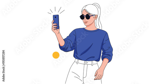 Stylish young woman wearing sunglasses captures a selfie using her blue smartphone while posing confidently against a plain white background.