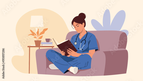 Healthcare worker in blue scrubs relaxes on a comfortable sofa while reading a book and enjoying a quiet moment after a long shift.