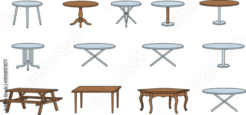 Collection of modern and classic table vectors featuring glass tops wooden textures and various leg designs