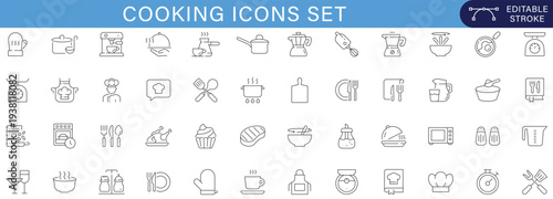 Cooking icons set kitchen utensil cookware food preparation restaurant baking equipment kitchenware meal preparation culinary tools editable stroke