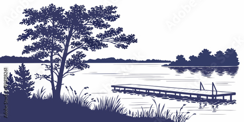 Calm Lake Dock Minimal Colorful Vector Illustration