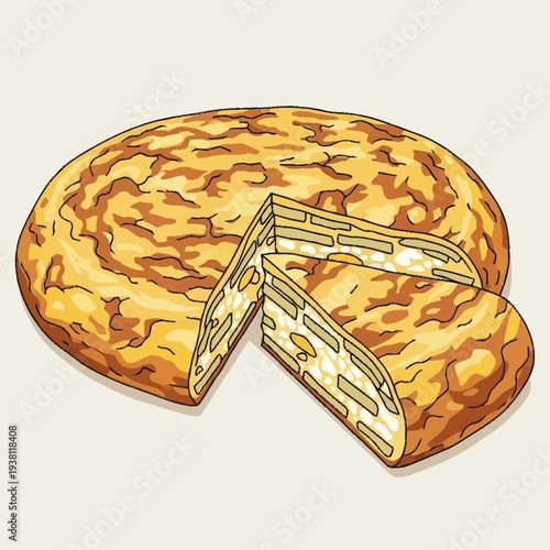A golden-brown round baked dish, possibly a savory pie or frittata, with a slice cut out revealing distinct layers of filling inside.