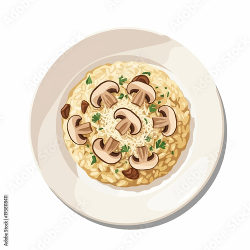 A top-down view of creamy mushroom risotto garnished with fresh parsley and grated cheese on a white plate.