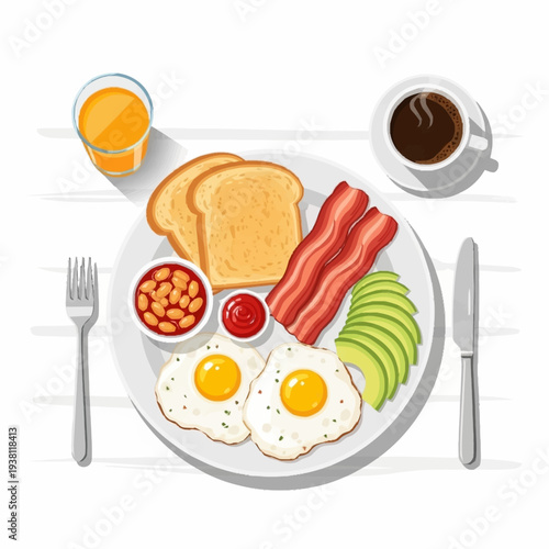 A delicious and hearty full English breakfast spread with eggs, bacon, toast, beans, avocado, orange juice, and coffee on a white table.