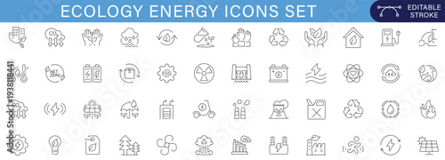 Minimal ecology and renewable energy icon set featuring sustainability, green technology, climate change, ESG, carbon neutrality, solar, wind, recycling, and environmental protection concepts.
