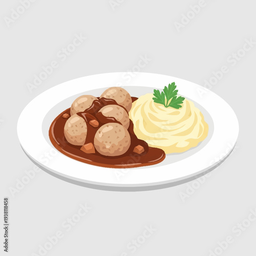 Classic Swedish meatballs with rich brown gravy and creamy mashed potatoes, garnished with fresh parsley on a white plate.