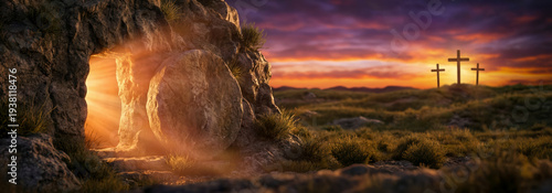 Crosses stand on a hill in Easter morning dawns over the empty tomb symbolizing the resurrection of Jesus Christ.