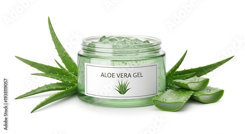 Aloe vera gel in a clear jar with aloe leaves and slices on a white background, natural skincare product for soothing and moisturizing skin, ideal for beauty and wellness advertising.