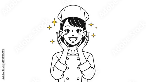 Happy female chef in white uniform with hands on her face and smiling brightly with decorative gold sparkles on white background.