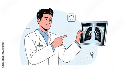 Male doctor in white lab coat pointing to an x-ray image of human lungs on a digital tablet for patient medical education.