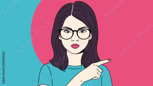 Serious young woman with glasses pointing her finger to the right side against a vibrant pink and blue split background design.