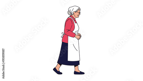 Elderly woman wearing a white apron and headscarf walking with a gentle smile on a plain and simple white background.